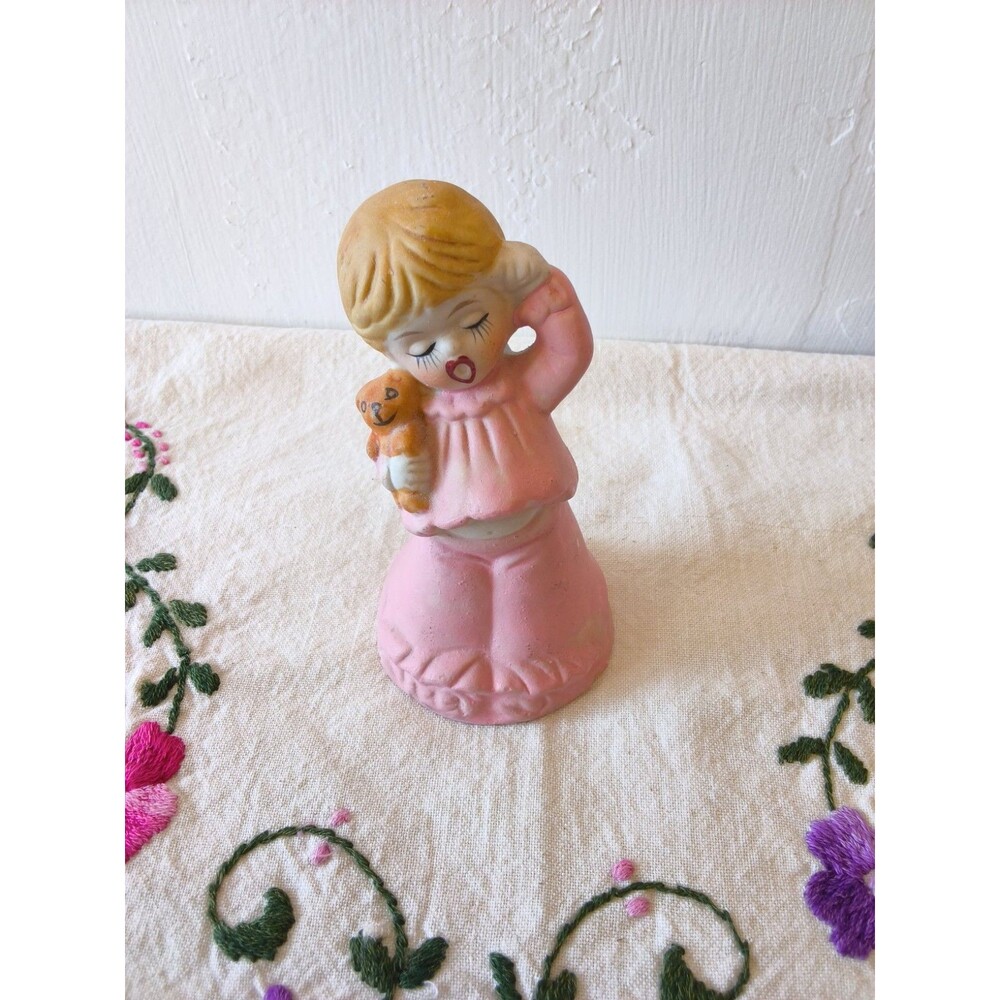 Vintage 1978 Jasco Adorabelles Bisque Porcelain Yawning Gir Teddy Bear Bell